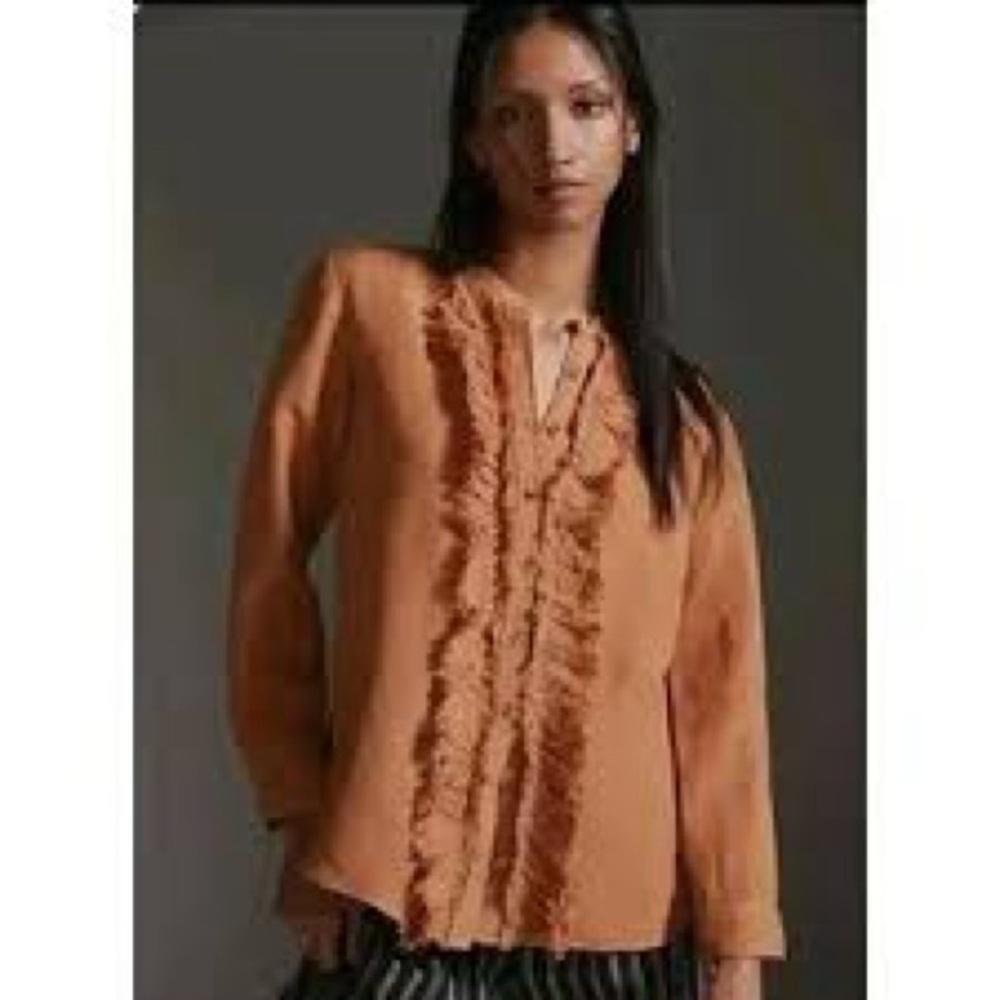 Anthropologie Pilcro Ruffled Placket Shirt in Ochre size Small - Picture 2 of 13